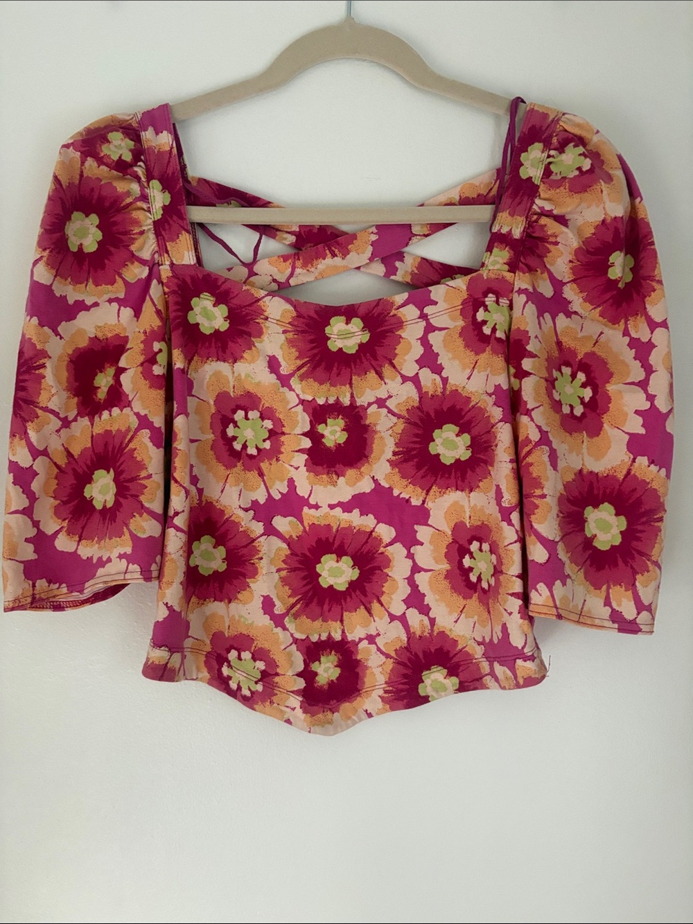 Free People Floral Square-Neck Top in Fuchsia